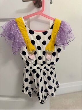 Polka Dot Ruffle Romper with Lavender Lace Sleeves and Yellow Strap Detail